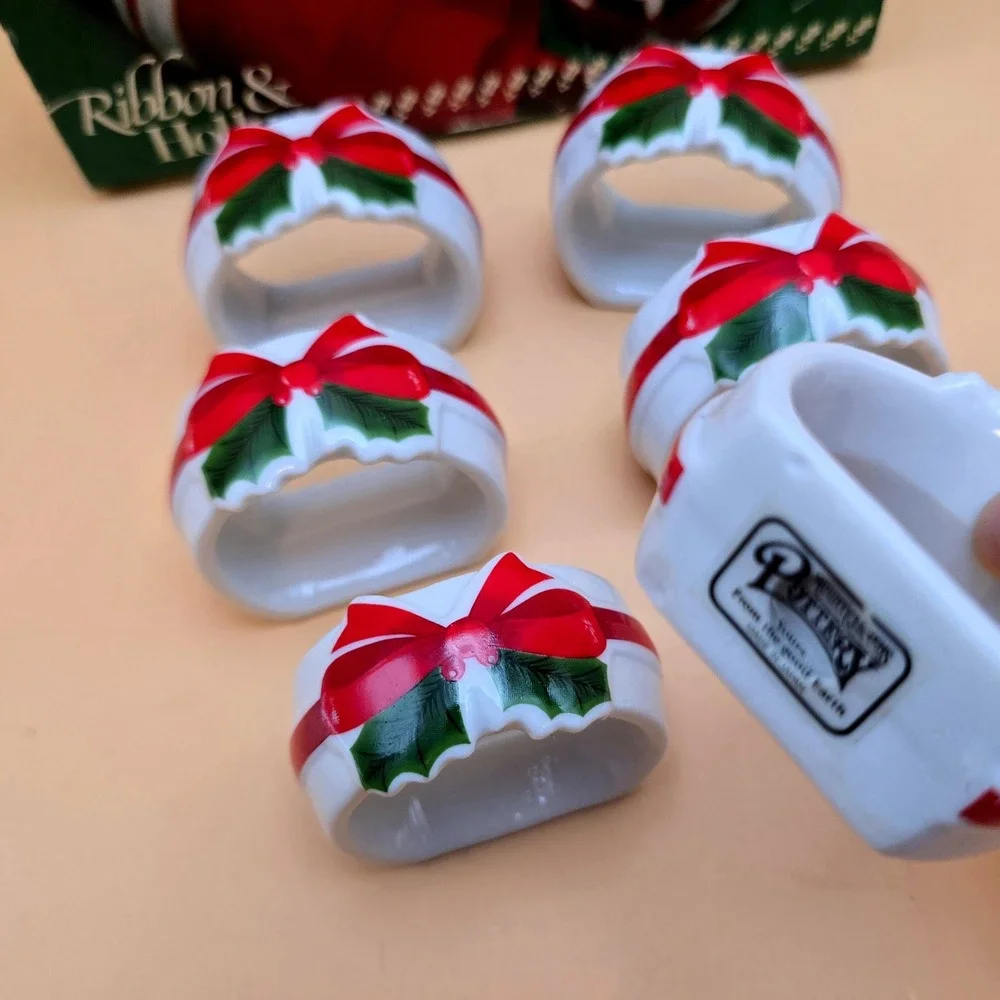 Vintage Mount Clemens Pottery Ribbon & Holly Ceramic Napkin Rings Set of 6 Japan